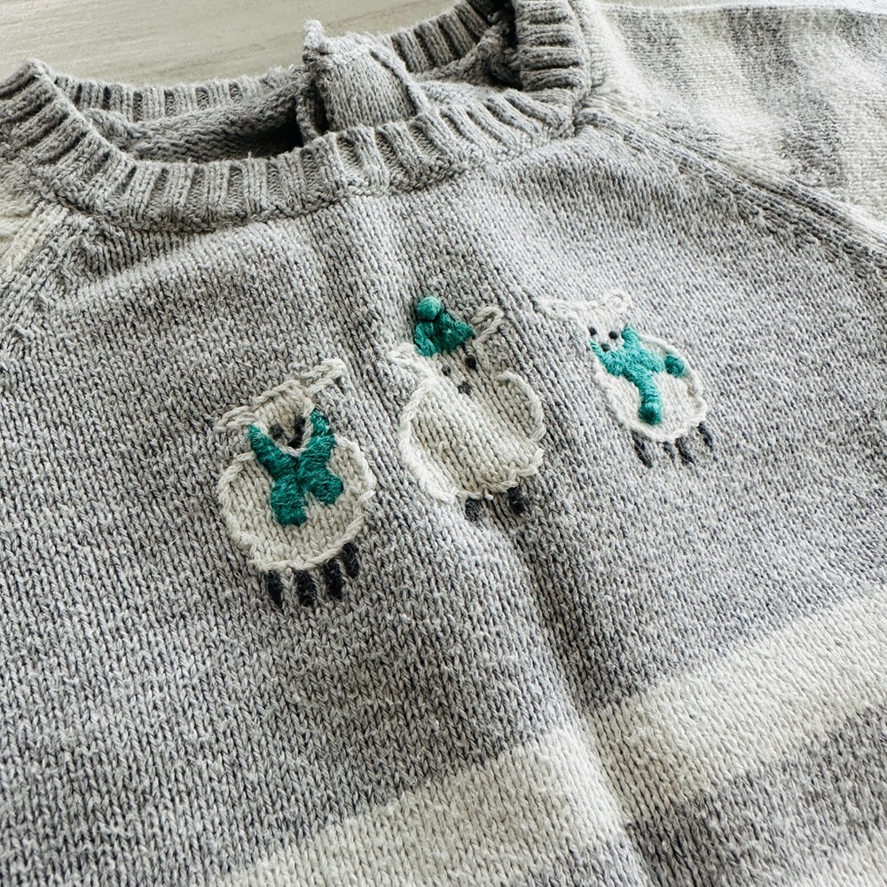 Janie and Jack Gray & White Striped Knit Footie with Sheep Embroidery - Picture 2 of 5